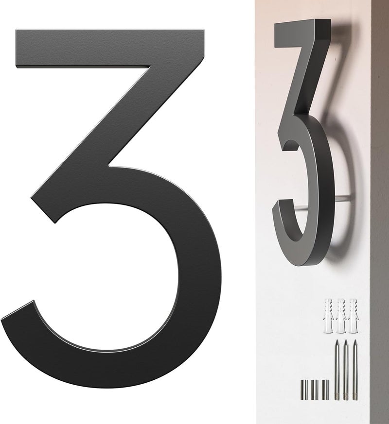 Etpon 7 Inch Black House Number 3 for Outside – Modern Floating Address Numbers, Weather-Resistant Metal, Easy to Install, Large Size, Stylish 3D Effect for Home, Office, and Street - Image 1
